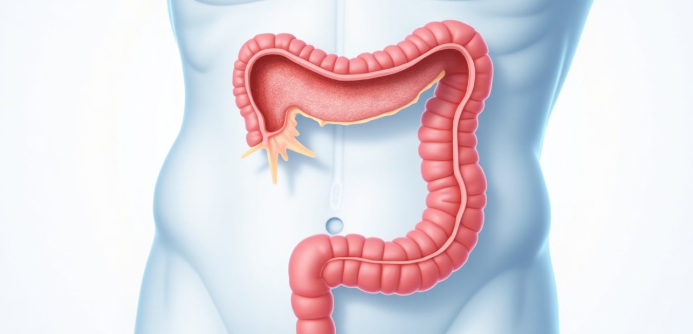 Przekrój jelita grubego ukazujący zalegającą masę kałową powodującą ucisk na ścianę jelita i okoliczne tkanki